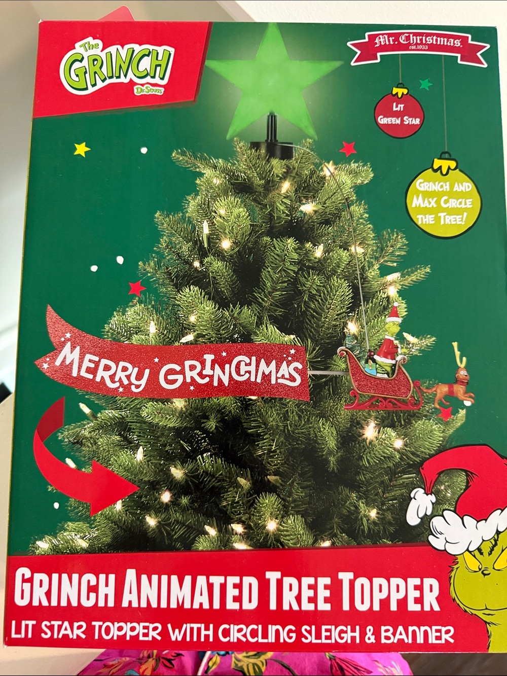 Dr. Seuss The Grinch Green and Red Animated Tree Topper